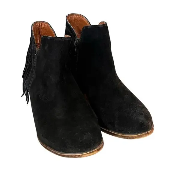 Lucky Brand Black Suede Fringe Ankle Boots Women’s Size 7 Western Boho Booties - Picture 2 of 9